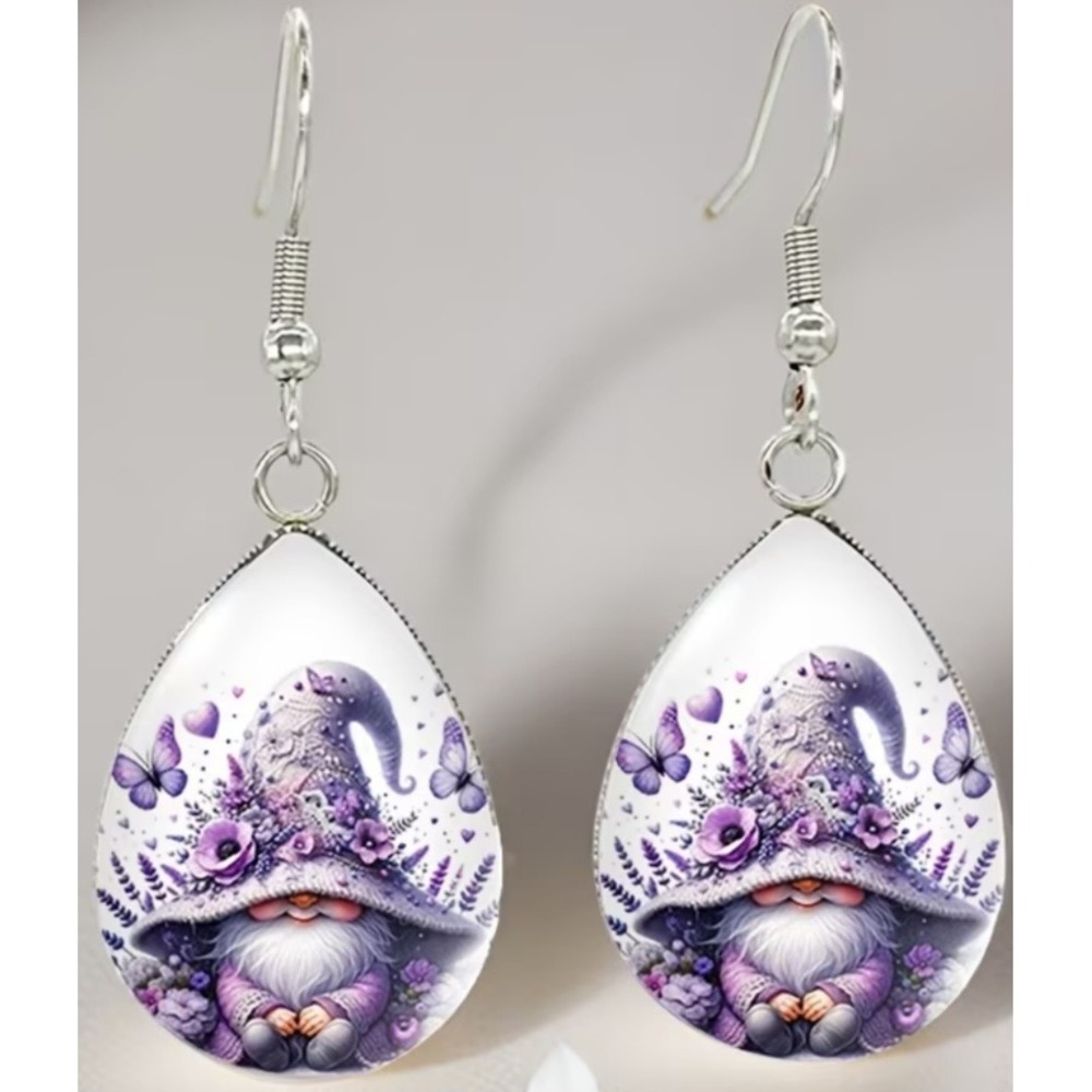 purple white glass teardrop gnome butterfly dangle spring summer earrings